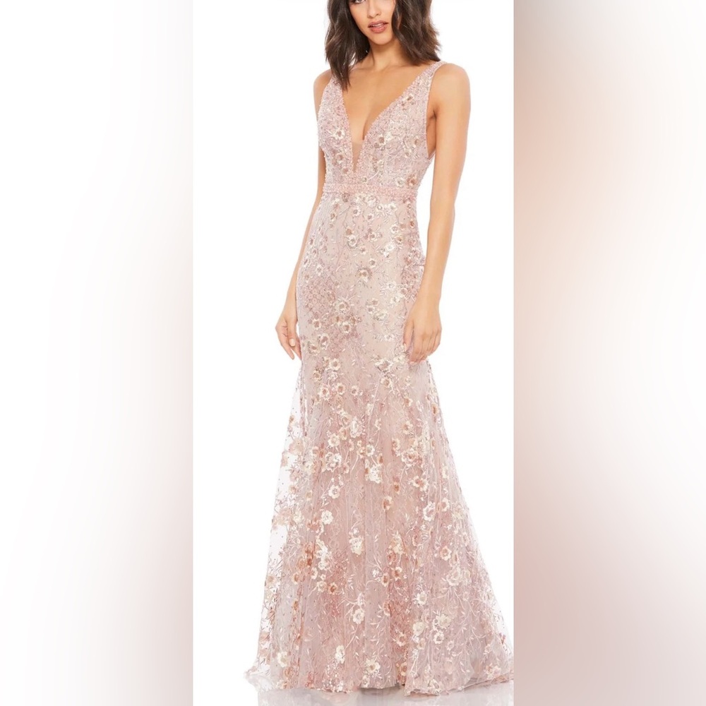MAC DUGGAL 67481 Pink Floral Embellished Sleeveless Plunge Neck Gown Sz 12